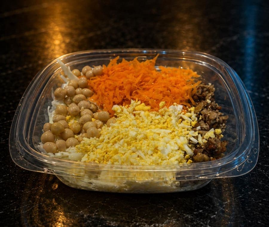 Repollo blanco, huevo rallado, garbanzos, zanahoria y lentejas