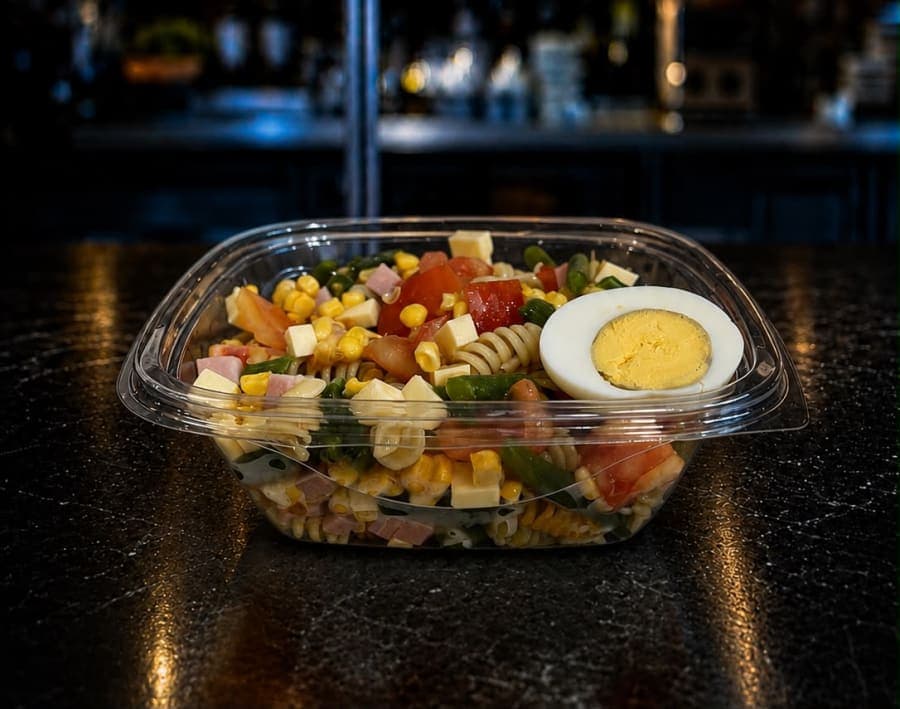 Fideos, queso, jamón, tomate, chaucha, choclo y huevo